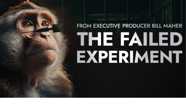 monkey with needle shade over his face next to text "From performer Bill Maher. The failed experiment"