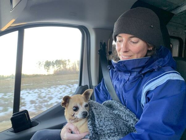 PETA -Employee holding Fifi in a car